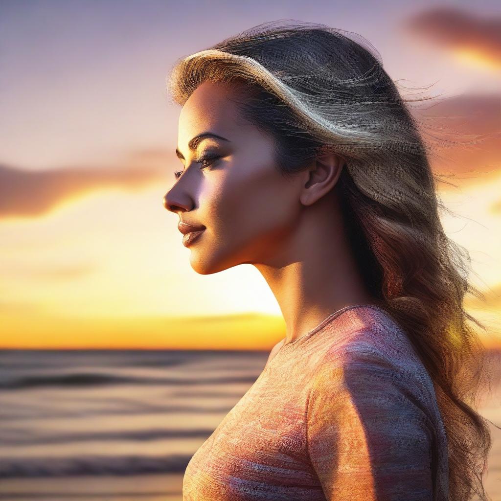 Create a detailed rendering of a woman profiled at side, placed against the backdrop of a beautiful sunset.