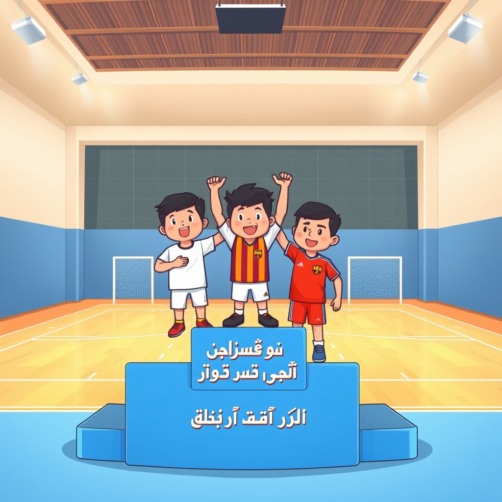 A vibrant cartoon-style illustration depicting a lively futsal championship celebration scene inside an indoor futsal hall