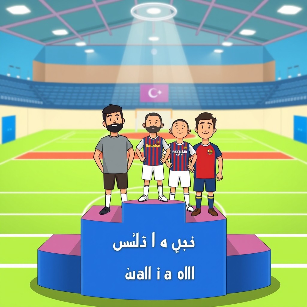 A lively cartoon-style illustration of a futsal championship celebration scene inside an indoor futsal hall