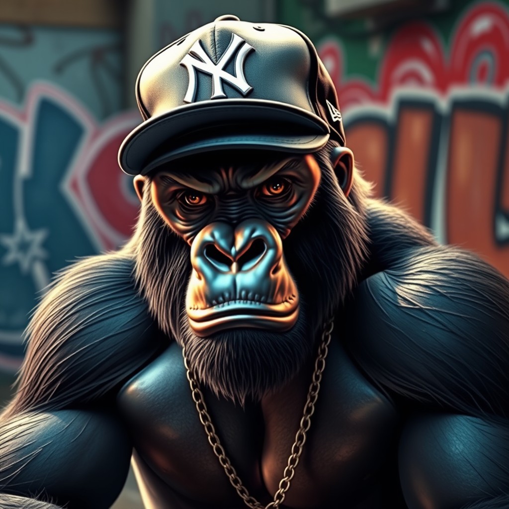 A badass gorilla exuding confidence and attitude, wearing a stylish black and white New York Yankees cap