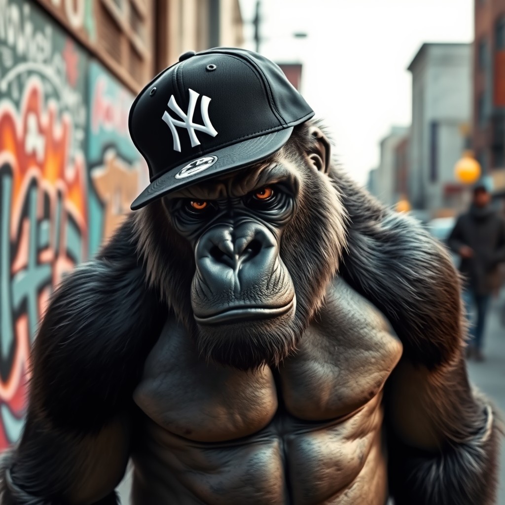 A badass gorilla exuding coolness and attitude, wearing a black and white New York Yankees cap tilted slightly to the side