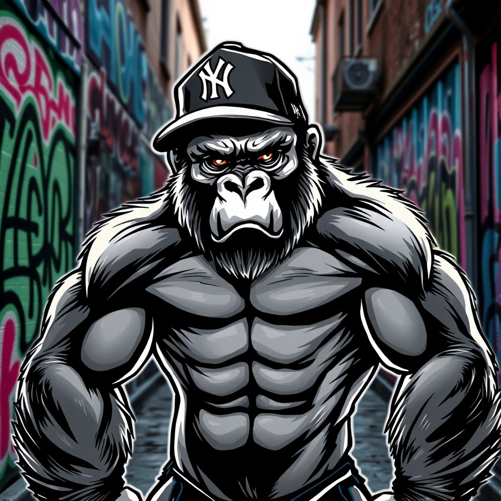 A badass gorilla exuding confidence and strength, wearing a black and white New York Yankees cap