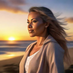 Create a detailed rendering of a woman profiled at side, placed against the backdrop of a beautiful sunset.