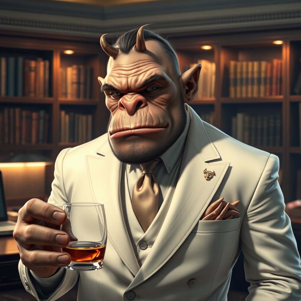 A refined male troll in a Shadowrun-style cyberpunk world, standing confidently in a well-furnished room