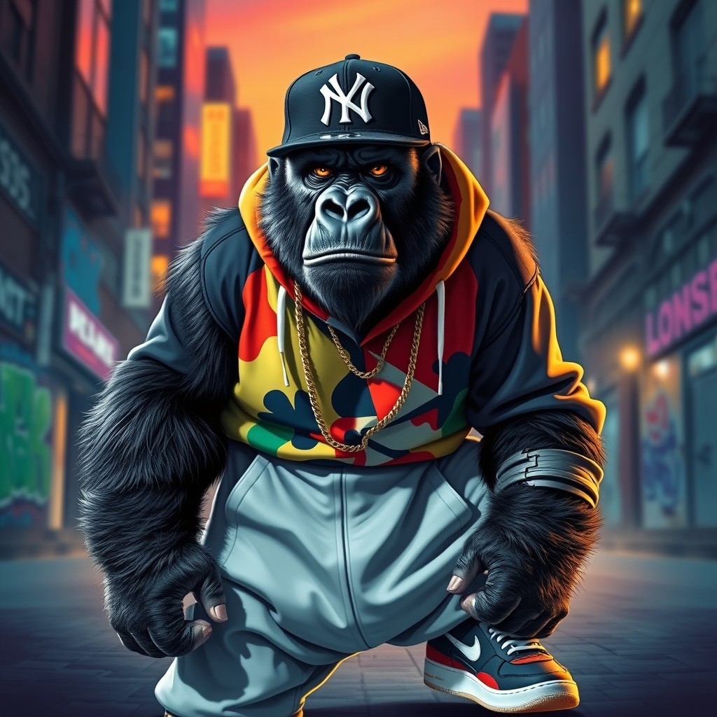 A badass gorilla dressed in stylish hip hop clothing, wearing a black and white New York Yankees cap, showcasing an urban and confident pose