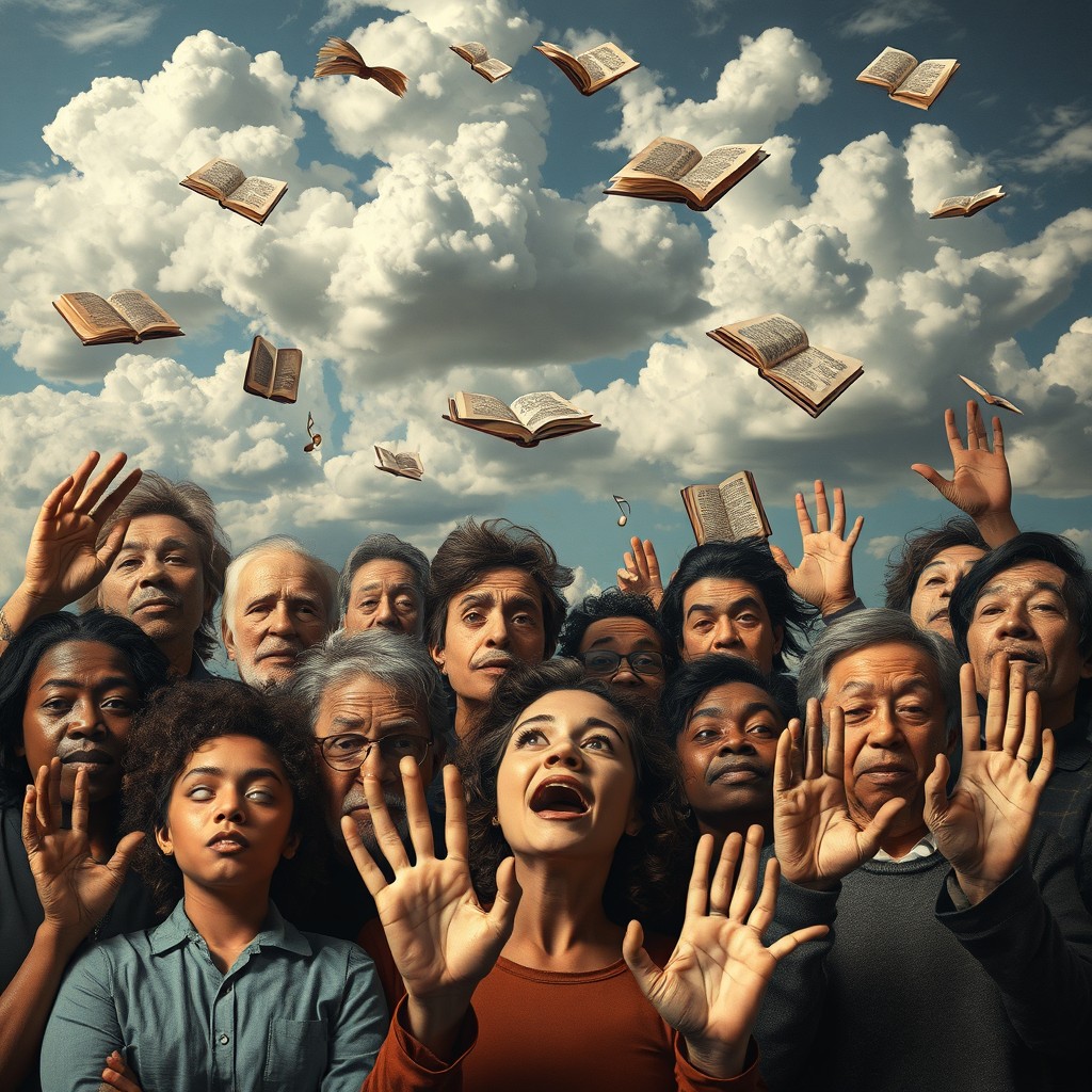 A surrealist scene blending elements of realism featuring a diverse group of people with expressive faces, their hands forming unique shapes and gestures