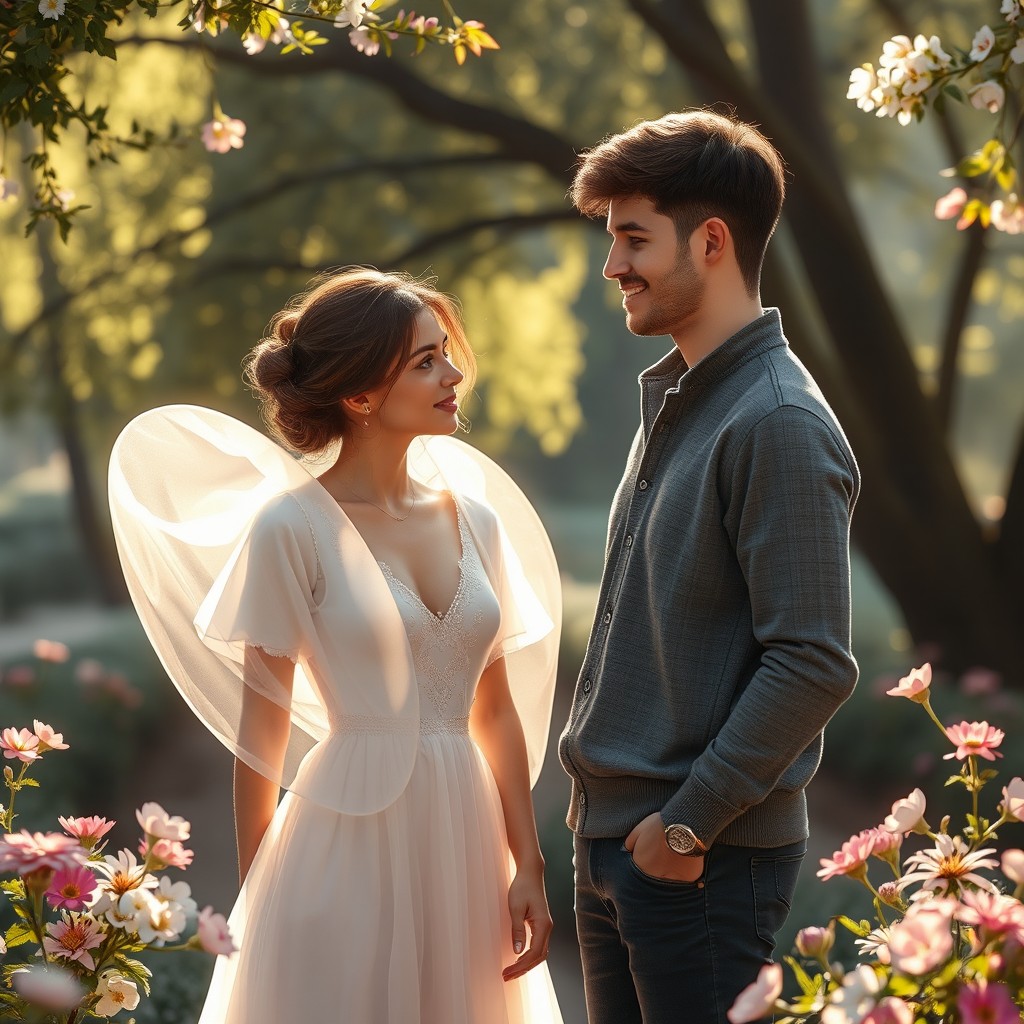 A romantic scene depicting a supportive partner waiting and protecting his girlfriend