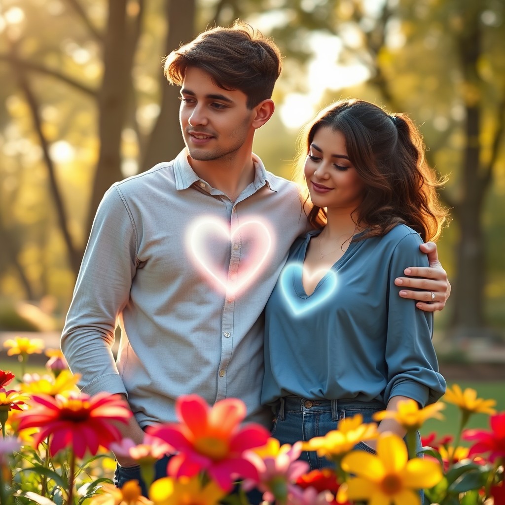 A scene depicting a supportive boyfriend standing beside his girlfriend, who is in the process of elevating barriers around her heart