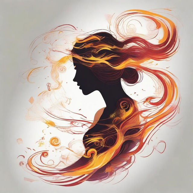 Design a detailed illustration of a woman viewed in profile, with either air swirling about her or flames dancing around her.