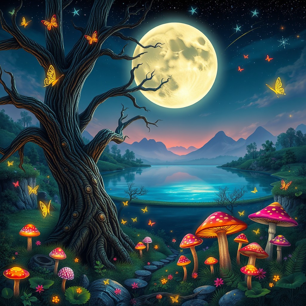 A vibrant, fantasy landscape combining elements of a lush forest with glowing bioluminescent plants and a serene lake reflecting a starry night sky, with whimsical creatures like glowing butterflies and small fairies fluttering around