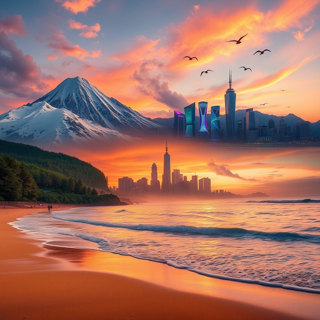 A captivating mixture of dynamic scenes including a serene mountain landscape at sunset, vibrant city skyline with neon lights, and a peaceful tranquil beach with soft waves