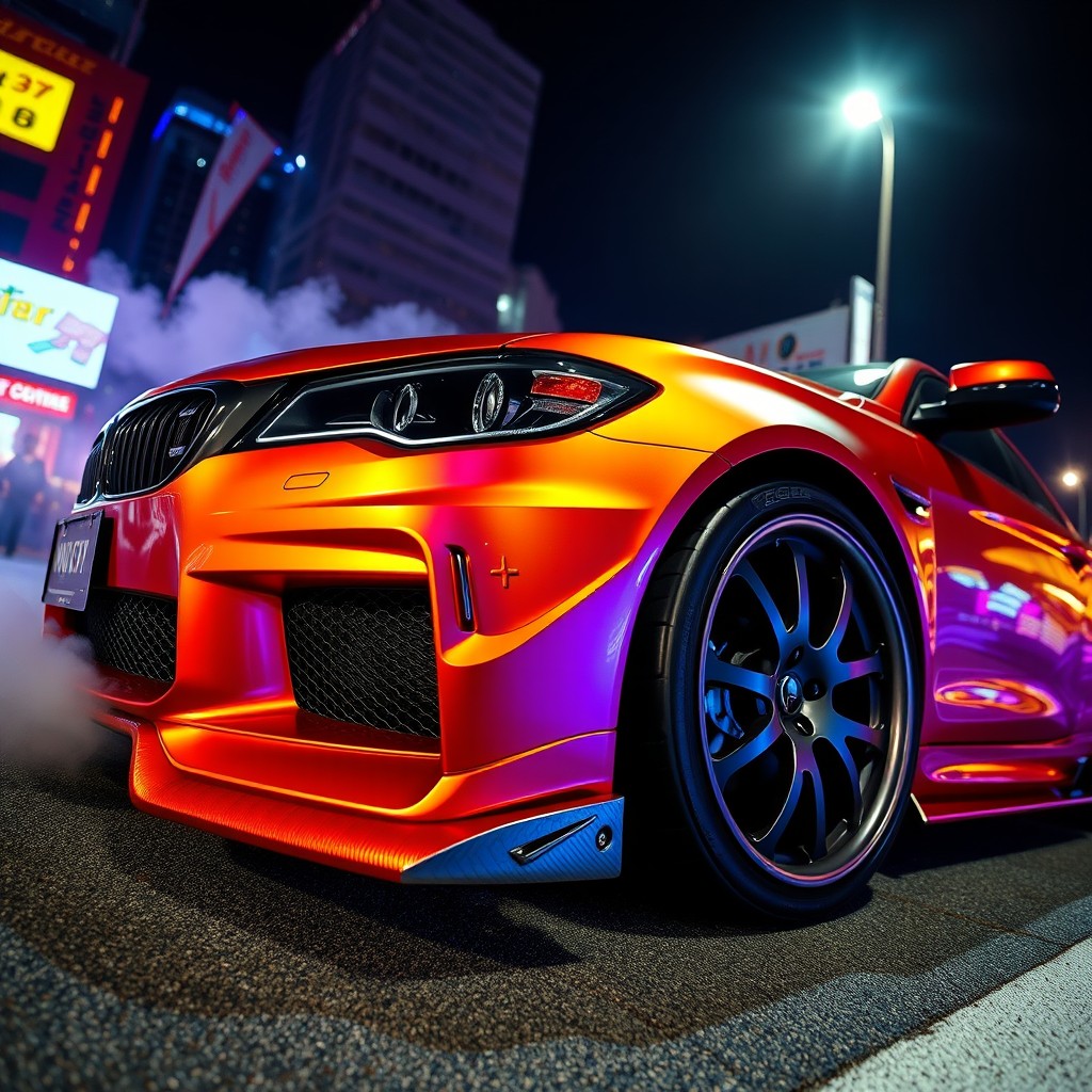A customized modified car showcasing an aggressive front bumper, sleek body kit, vibrant metallic paint, and large alloy wheels