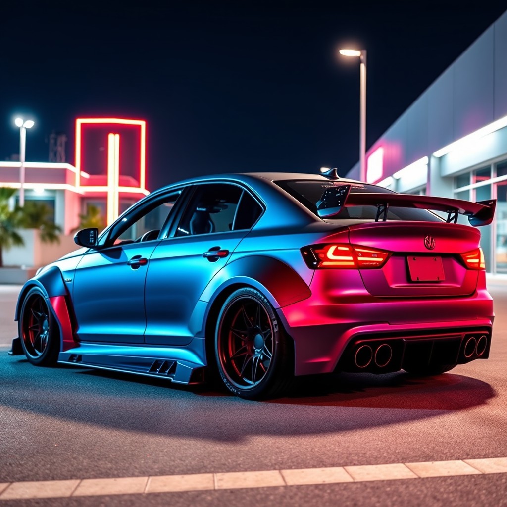 A highly customized and modified car showcasing extensive tuning features