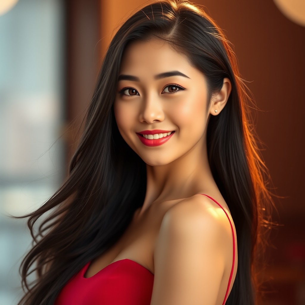 A stunning portrait of a hot Asian woman with long, flowing black hair, wearing a stylish red dress that hugs her curves