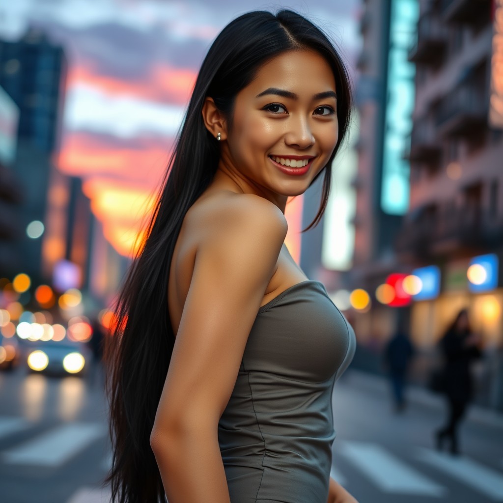 A stunning and attractive Asian woman with long dark hair, wearing a stylish and form-fitting outfit
