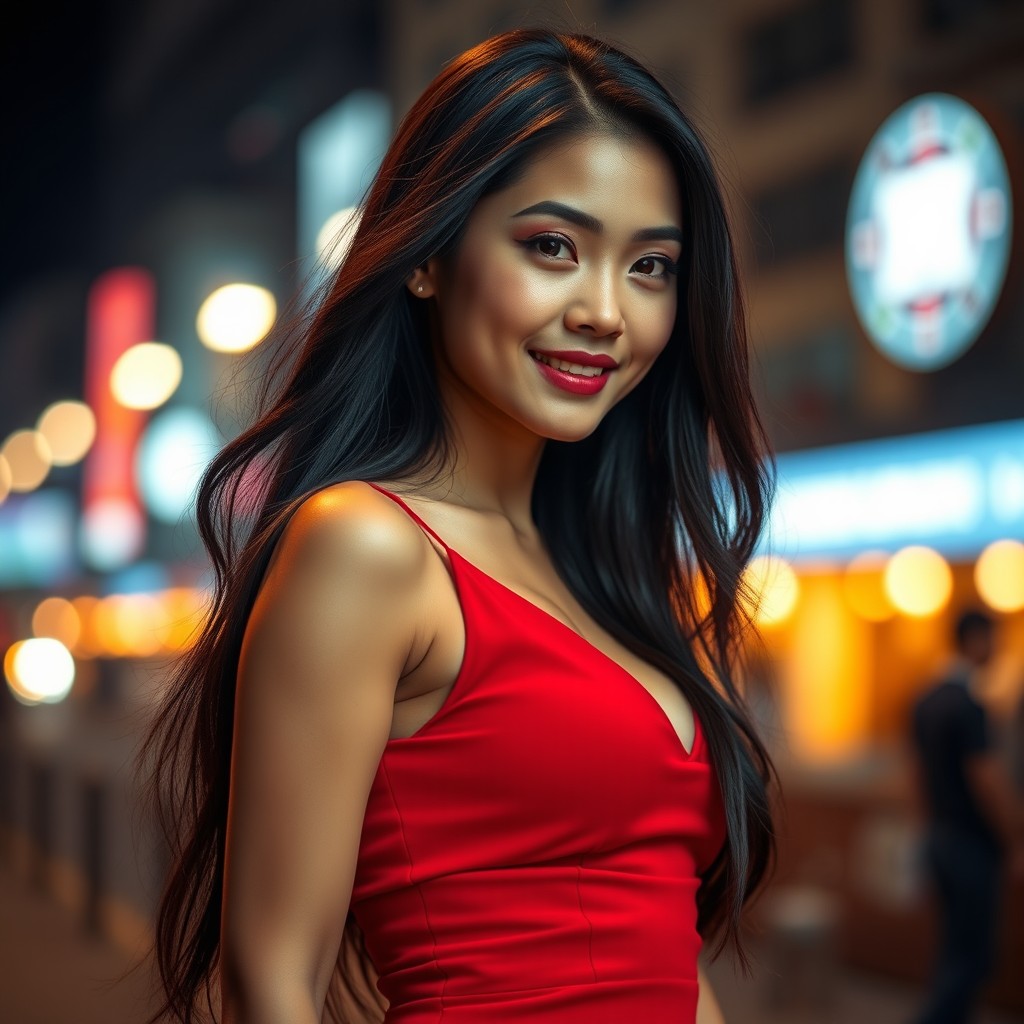 A stunning hot Asian woman with long, flowing black hair, wearing a form-fitting red dress that accentuates her curves
