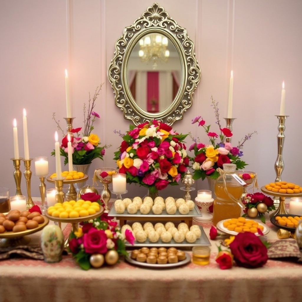 A beautifully arranged Iranian wedding sofreh, displaying an elegant layout featuring traditional items such as a mirror, candles, colorful sweets, and symbolic objects like decorated eggs and honey