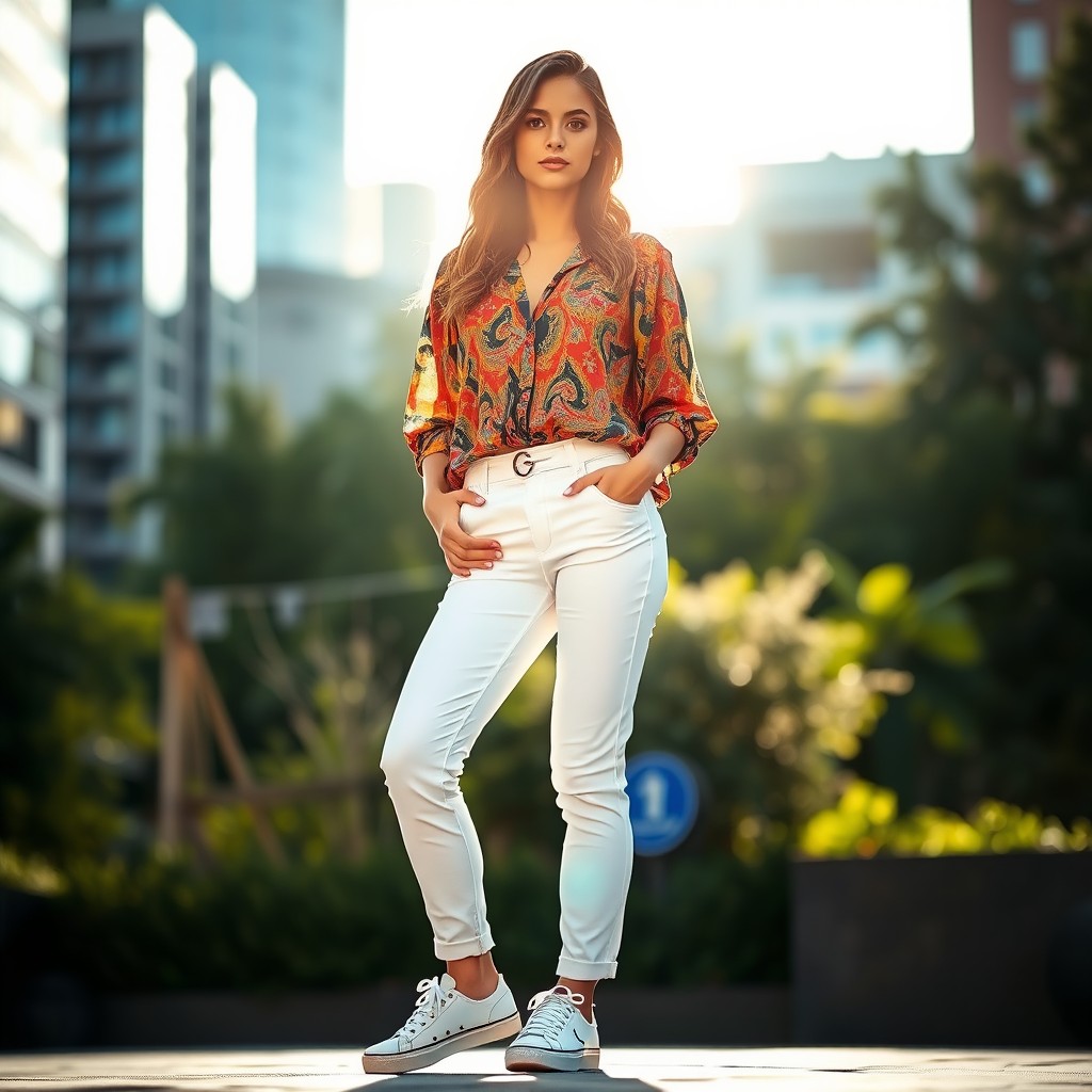 A fashionable young woman wearing stylish white pants, paired with a colorful blouse, standing confidently in an urban setting