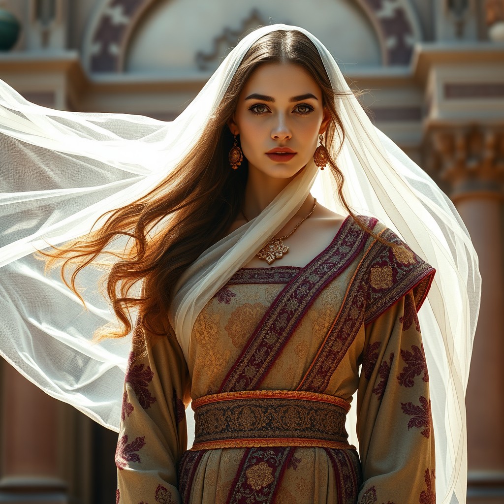 A beautiful woman dressed in exquisite Achaemenid-style clothing, representing a stunning Persian queen, with intricate patterns and rich colors