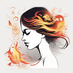 Design a detailed illustration of a woman viewed in profile, with either air swirling about her or flames dancing around her.