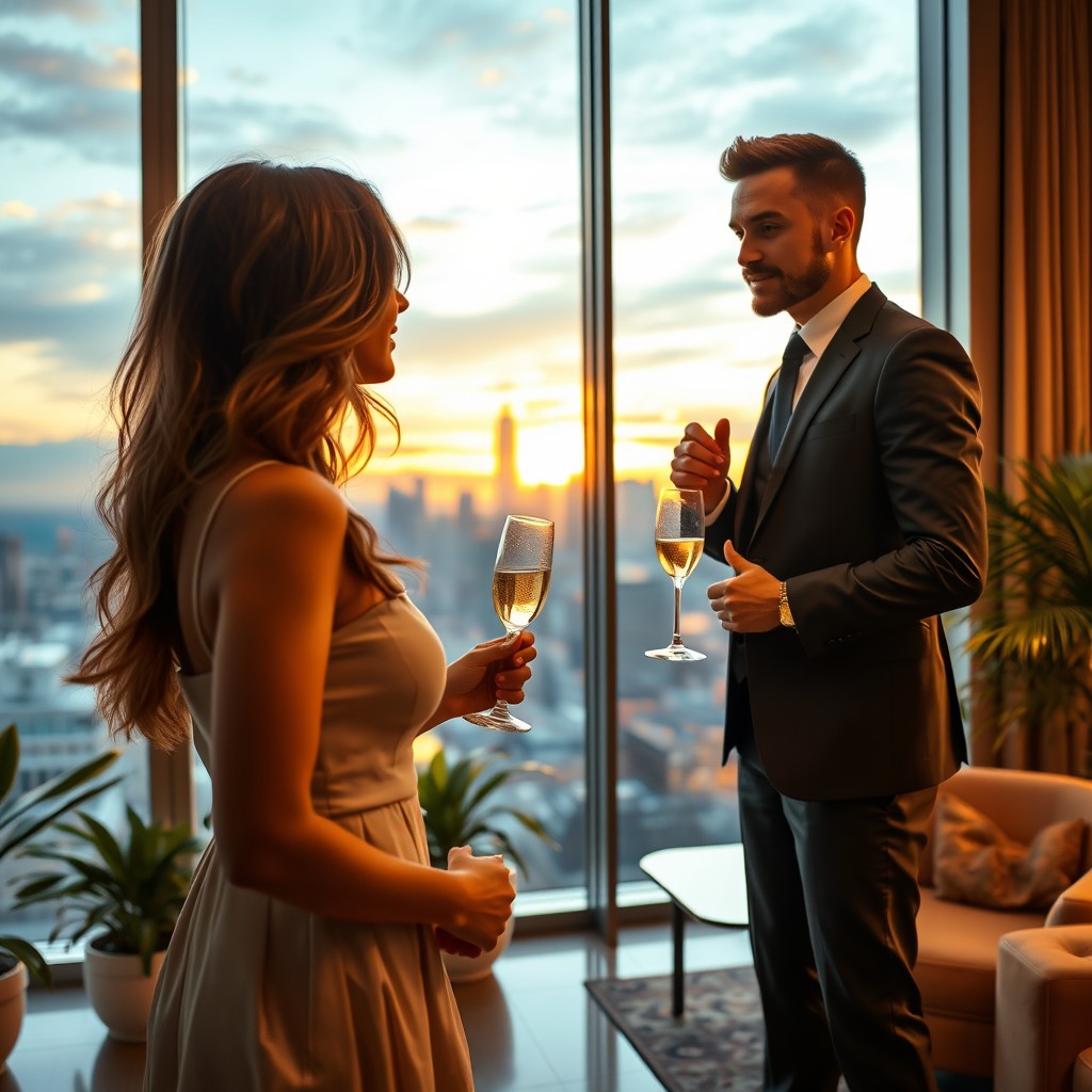 A romantic scene depicting a charismatic CEO in a luxurious office overlooking a city skyline at sunset