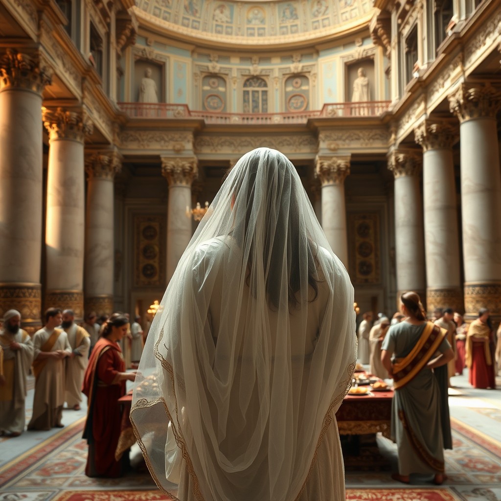 A beautiful Achaemenid woman dressed in regal clothing representative of a Persian queen, wearing a long, delicate white veil and having flowing hair