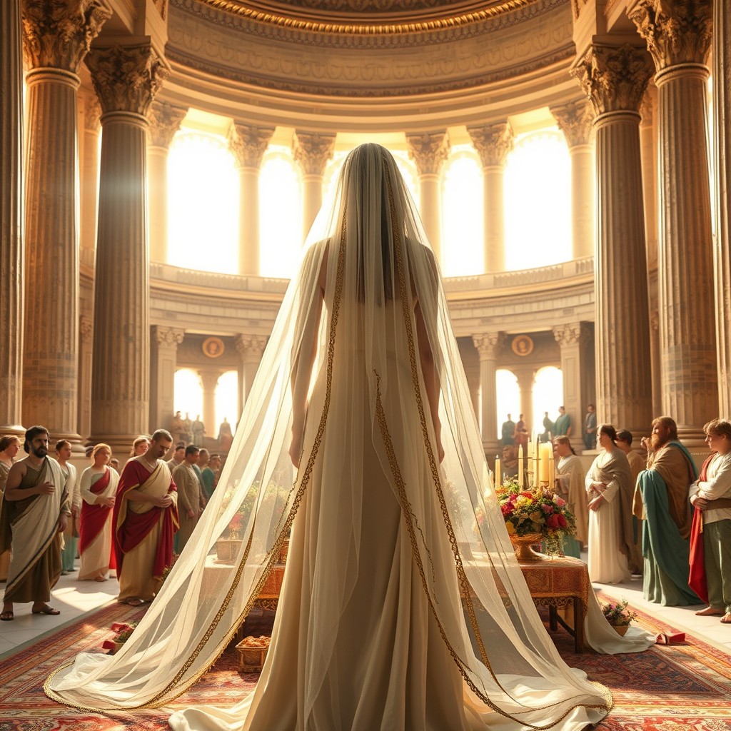 A beautiful Achaemenid woman dressed in splendid royal attire, complete with a long, delicate white veil and flowing hair, stands amidst a richly arranged wedding sofreh of King Cyrus the Great