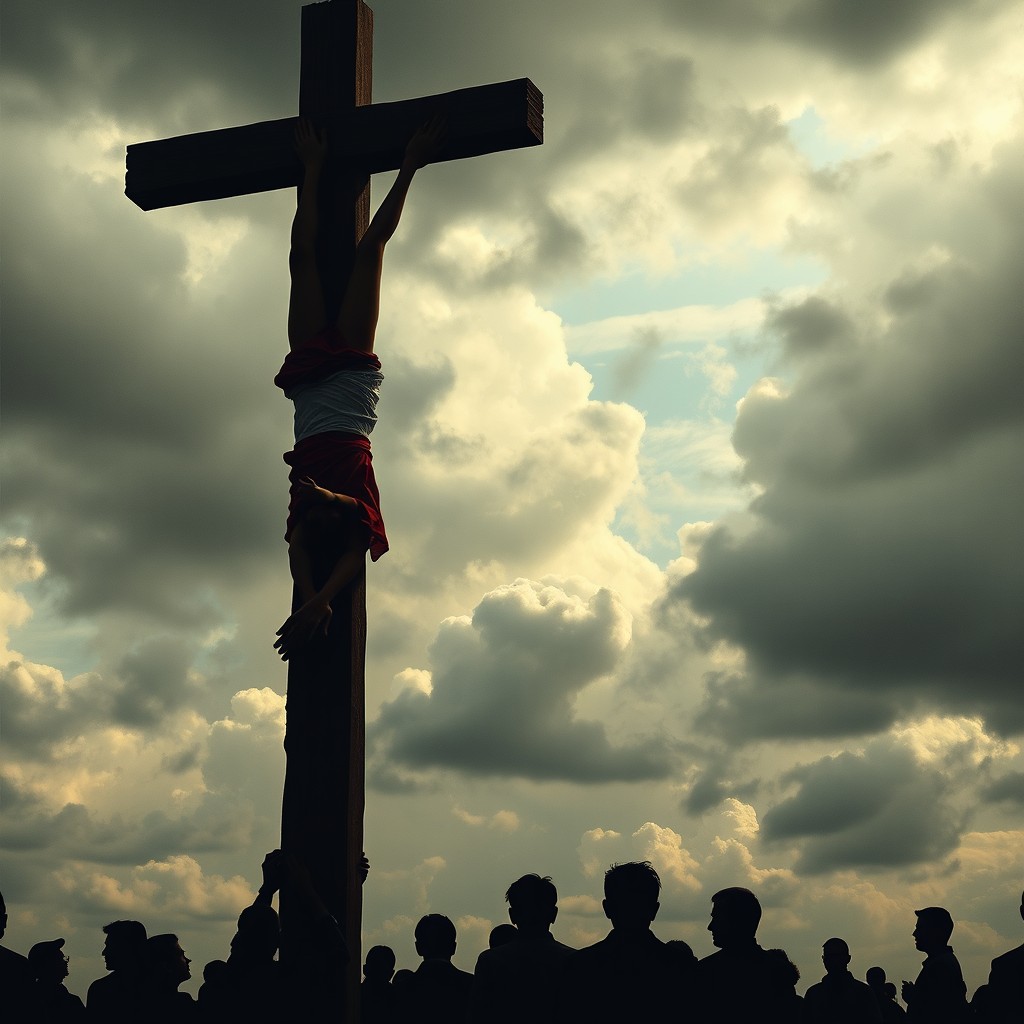 A surreal and thought-provoking scene depicting a historical figure upside-down on a large wooden cross, reminiscent of traditional crucifixion but reimagined in a modern, abstract art style