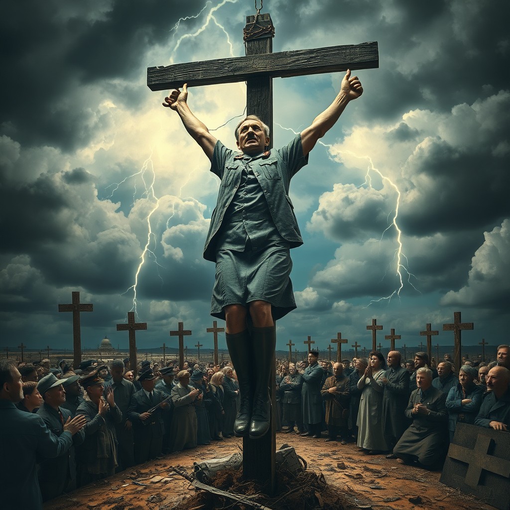 A surreal and thought-provoking artwork depicting a historical figure crucified upside down, set against a dramatic sky filled with dark clouds, lightning illuminating the scene