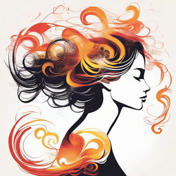 Design a detailed illustration of a woman viewed in profile, with either air swirling about her or flames dancing around her.