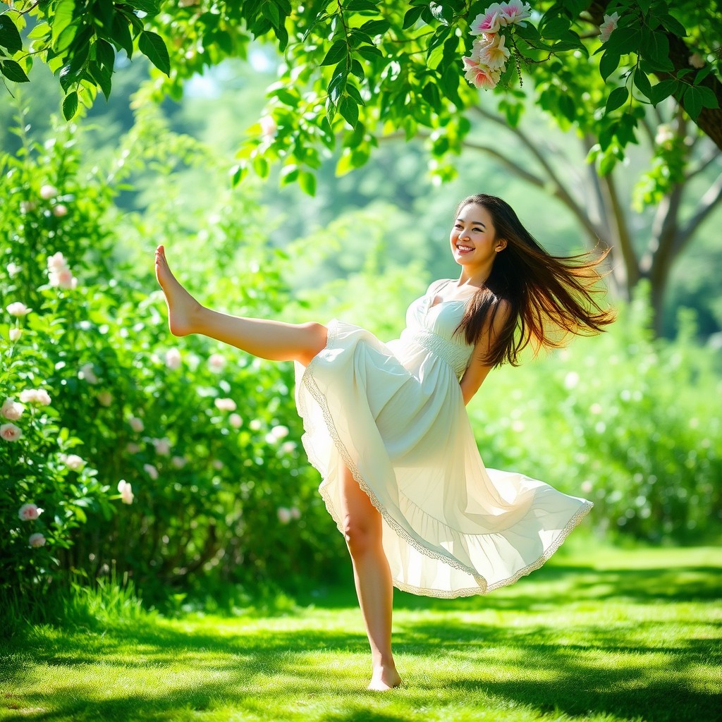 A woman with a warm smile, dressed in a flowing summer dress, standing in a serene setting surrounded by lush greenery and blooming flowers