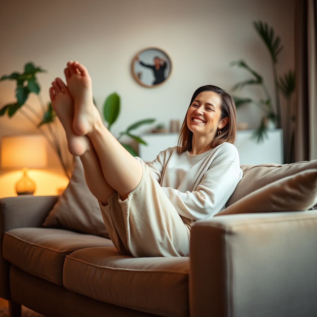 A woman in a cozy and inviting living room, smiling warmly as she sits on a plush couch