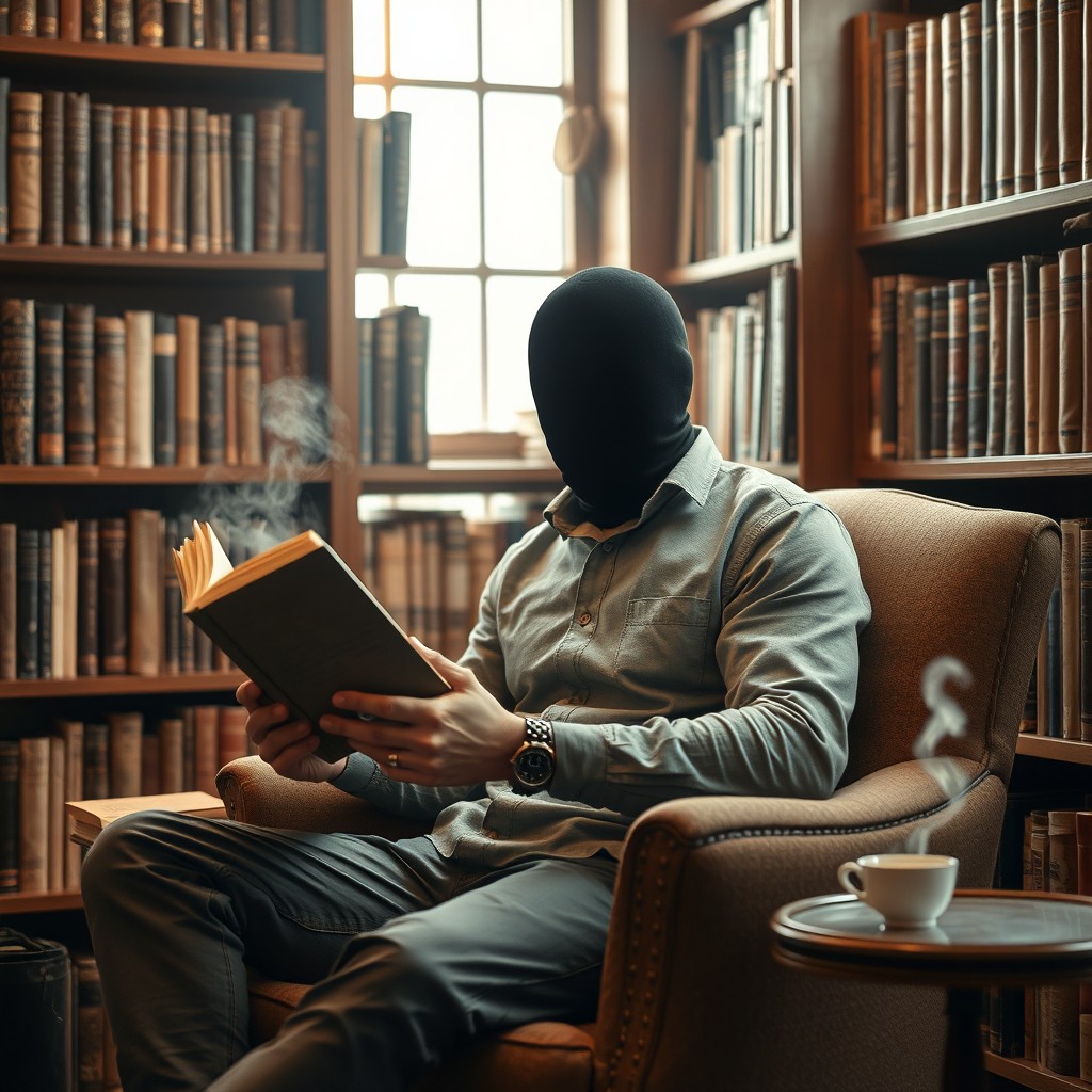 A faceless man engrossed in reading a book, sitting comfortably in a cozy library surrounded by shelves filled with vintage books