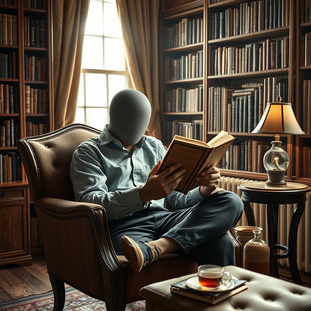 A faceless man deeply engrossed in reading a book, sitting comfortably in a cozy, softly lit room filled with bookshelves