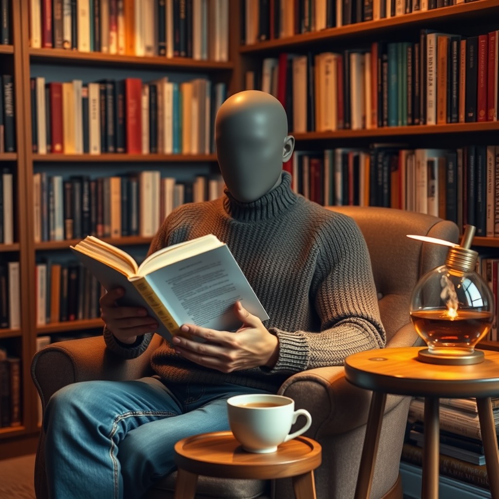 A faceless man reading a book in a cozy setting, with soft lighting illuminating the room