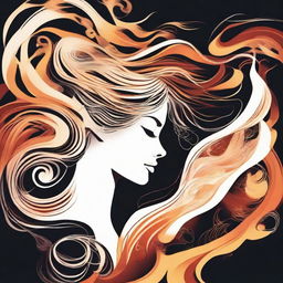 Design a detailed illustration of a woman viewed in profile, with either air swirling about her or flames dancing around her.