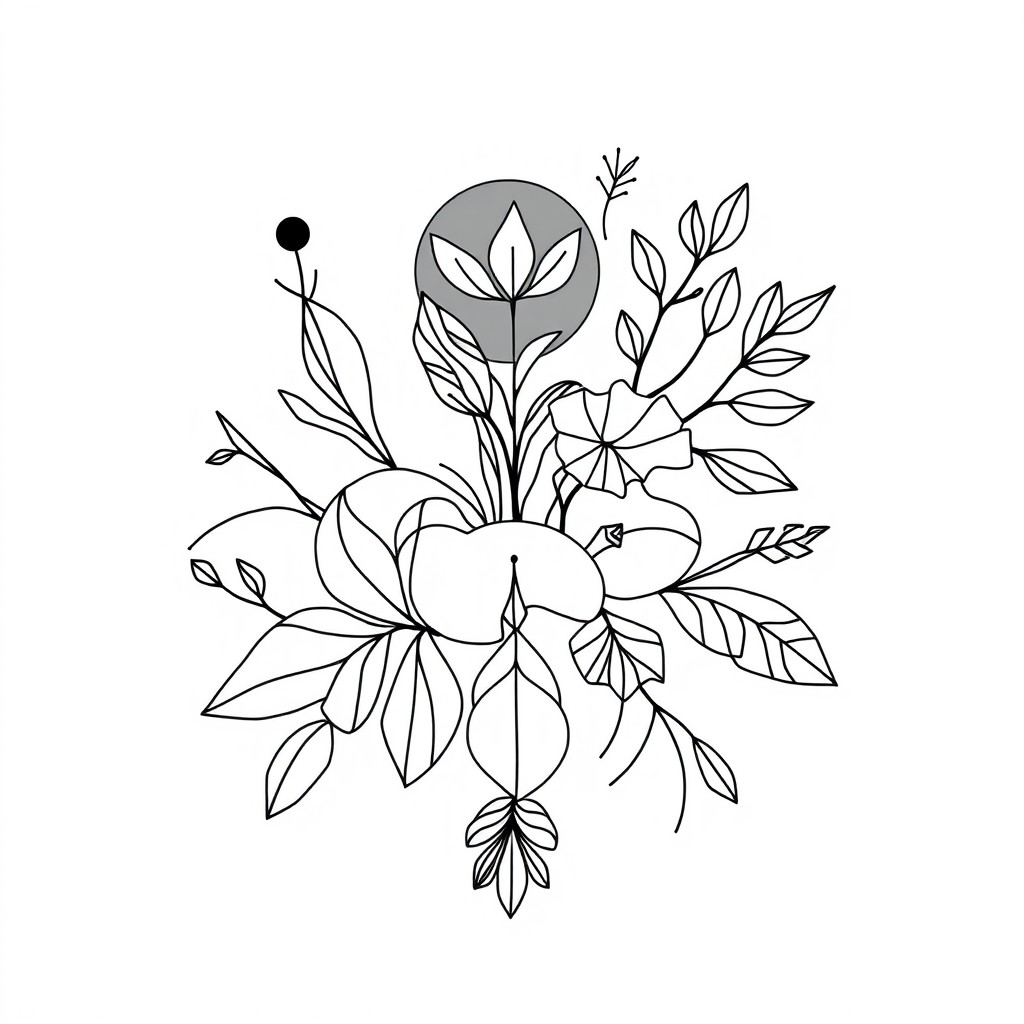 A minimalist, intricate digital line art illustration featuring abstract geometric shapes, flowing patterns, and nature-inspired elements seamlessly intertwining