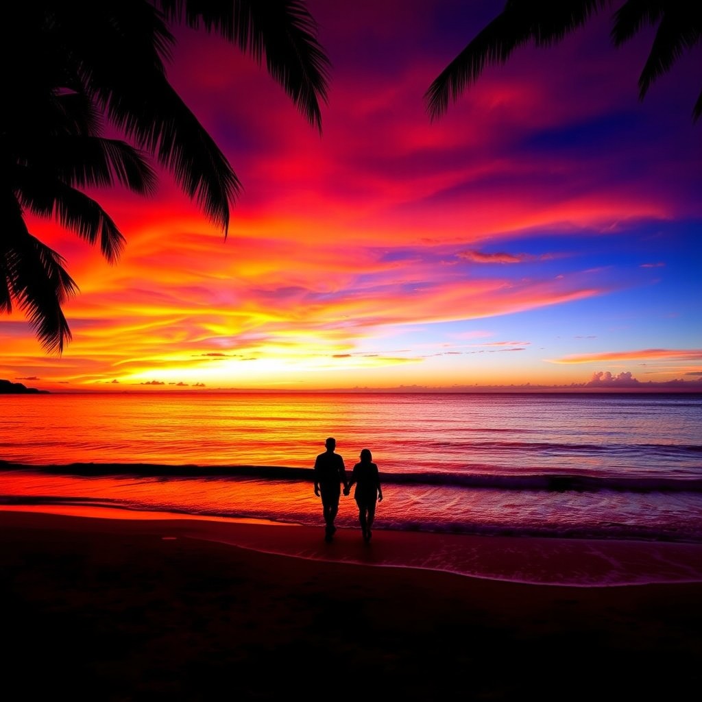 A stunning sunset over a peaceful beach, the sky painted in vibrant hues of orange, pink, and purple, reflecting softly on the calm waters