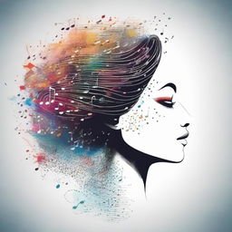 Illustrate a detailed side-profile of a woman, her surroundings filled with music notes floating in the air, creating a harmony of visuals.