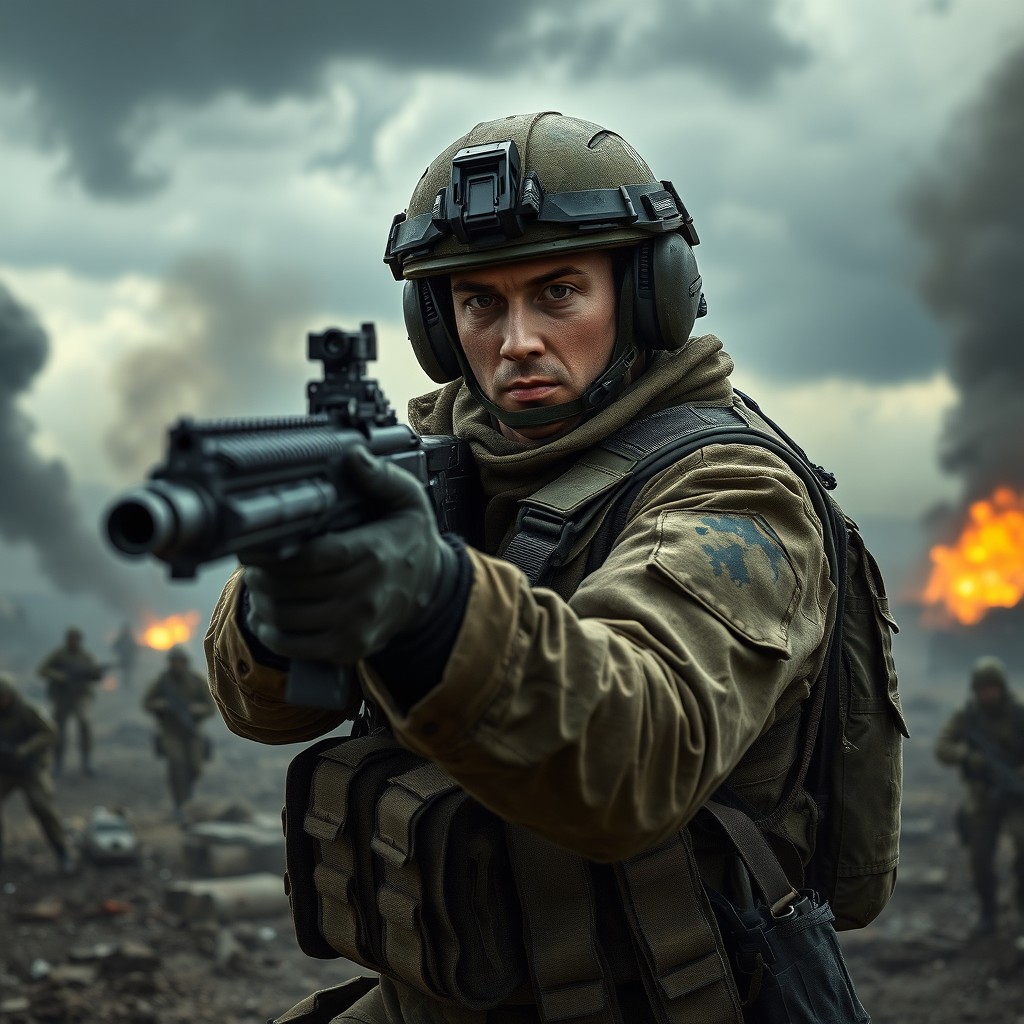 A dramatic military scene depicting a heroic soldier in tactical gear, aiming a weapon at unseen enemies, with a focused expression