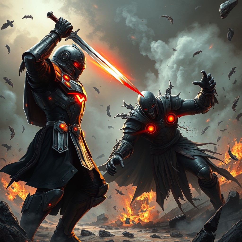 A highly detailed and dramatic scene depicting a fierce battle between a hero and his enemy