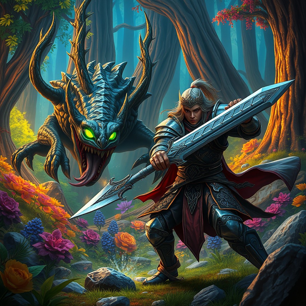 A dramatic scene set in a vibrant fantasy landscape, featuring a heroic warrior clad in ornate armor, brandishing a powerful sword, as they engage in combat with a menacing enemy creature, which has glowing eyes and sharp claws