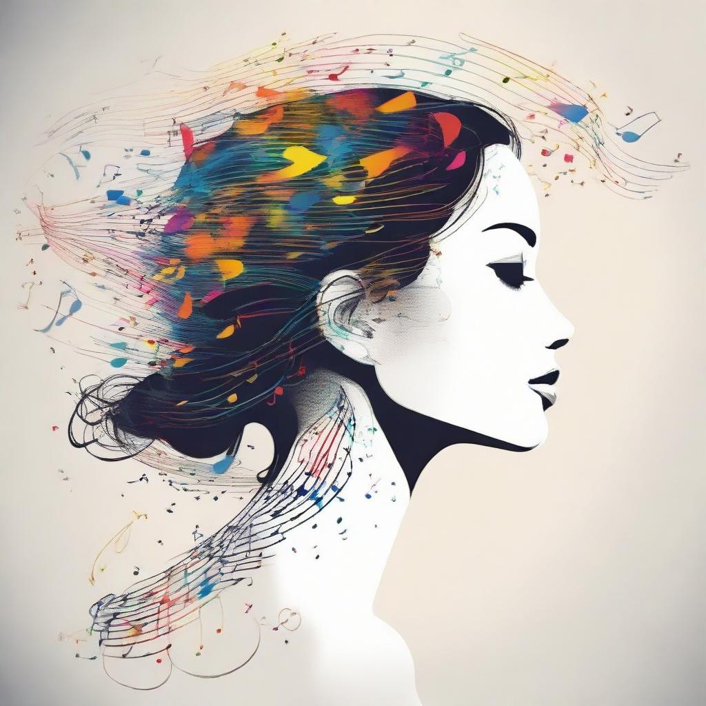 Illustrate a detailed side-profile of a woman, her surroundings filled with music notes floating in the air, creating a harmony of visuals.