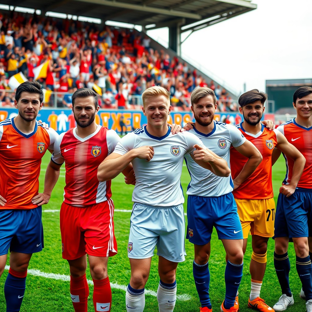 A close-up shot of a group of young men in football uniforms, standing confidently on a vibrant green soccer field