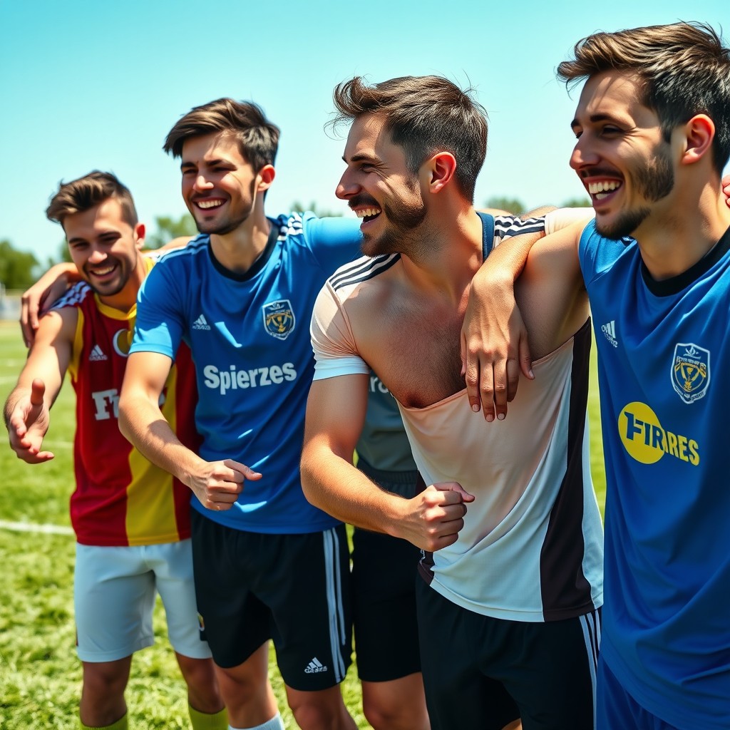 A group of young men showing off their hairy armpits while wearing slightly sweaty soccer jerseys