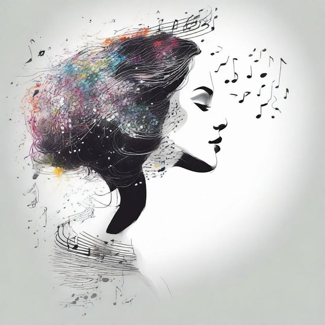 Illustrate a detailed side-profile of a woman, her surroundings filled with music notes floating in the air, creating a harmony of visuals.