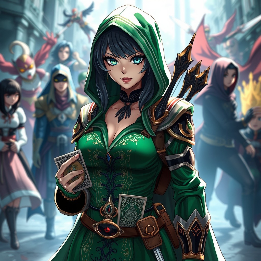 A stunning character named Rio Vidal Fushiguro, also known as Lady Death, stands confidently in the foreground