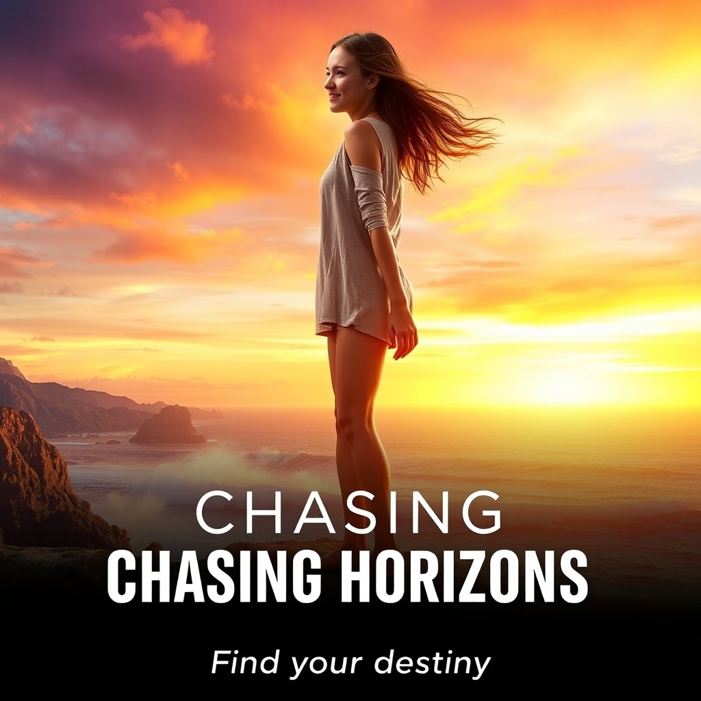 A striking movie poster featuring a hopeful young woman standing on a cliff edge overlooking a vibrant sunset, her long hair blowing in the wind