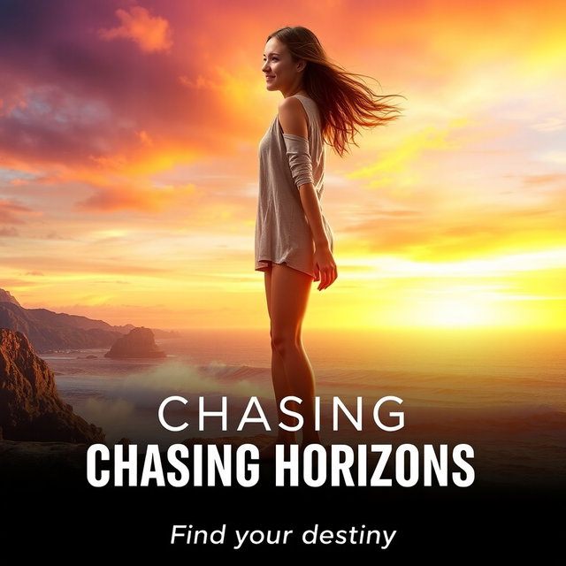 A striking movie poster featuring a hopeful young woman standing on a cliff edge overlooking a vibrant sunset, her long hair blowing in the wind