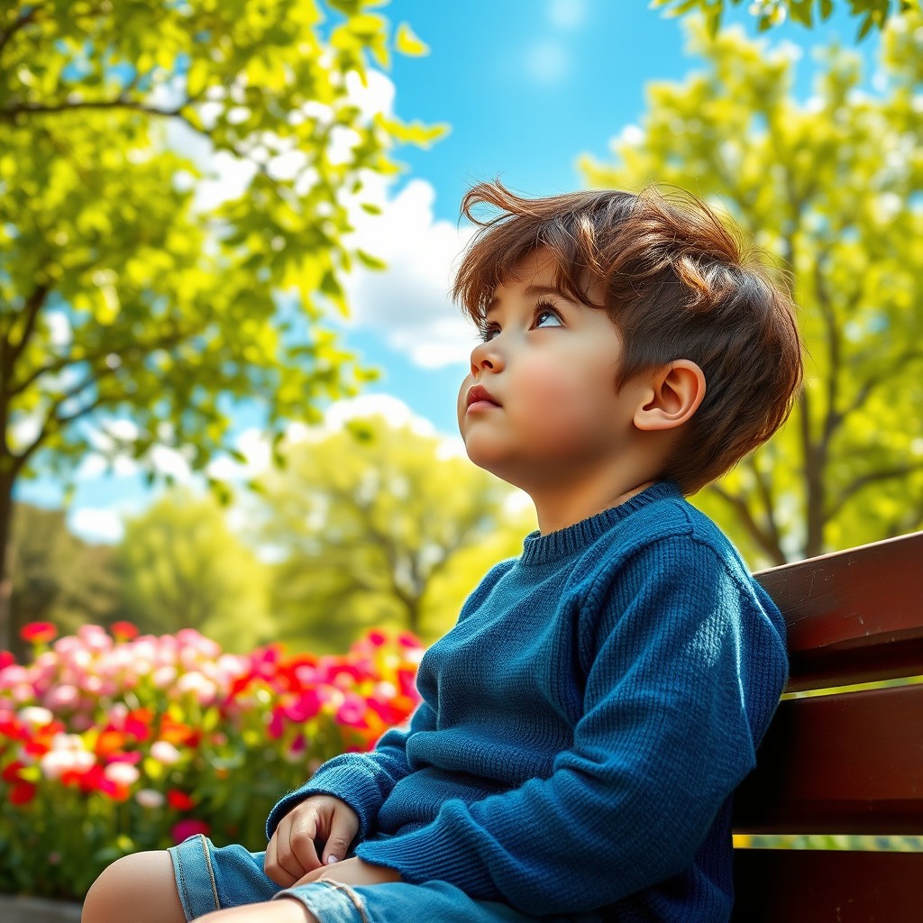 A young boy deep in thought, sitting on a park bench surrounded by nature
